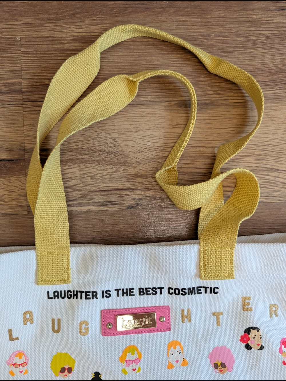 Benefit Beauty Cream Canvas Tote with Pink Base and Yellow Straps Ladies Faces - Picture 3 of 9